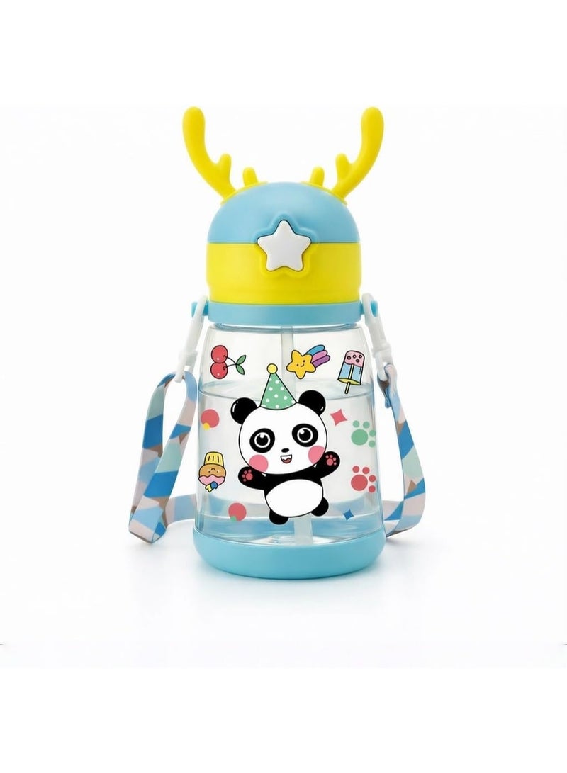 قارورة مياه للاطفال بلاستيكية بطباعة كرتونية وبقرن غزال كبير، محمولة مضادة للسقوط مع شفاطة وحزام تستخدم في الانشطة الخارجية والتخييم